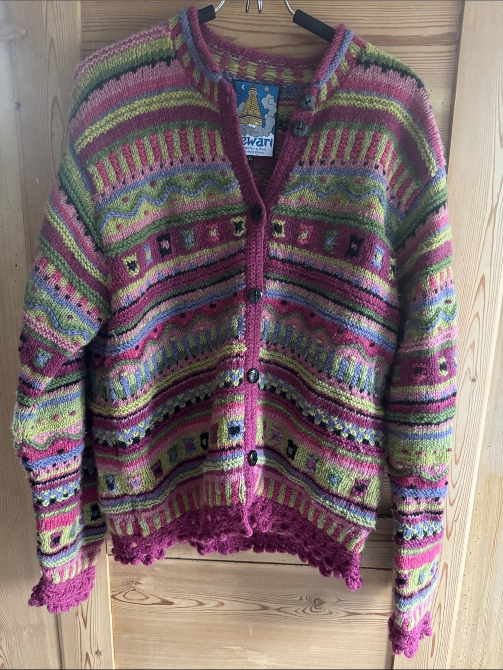 Hand-Knit Multicolor Patterned Women's Cardigan Sweater - Pink/Green